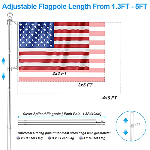 Silver 5 FT Metal Flagpole Kit and 304 Stainless Steel Flagpole Clips R89548