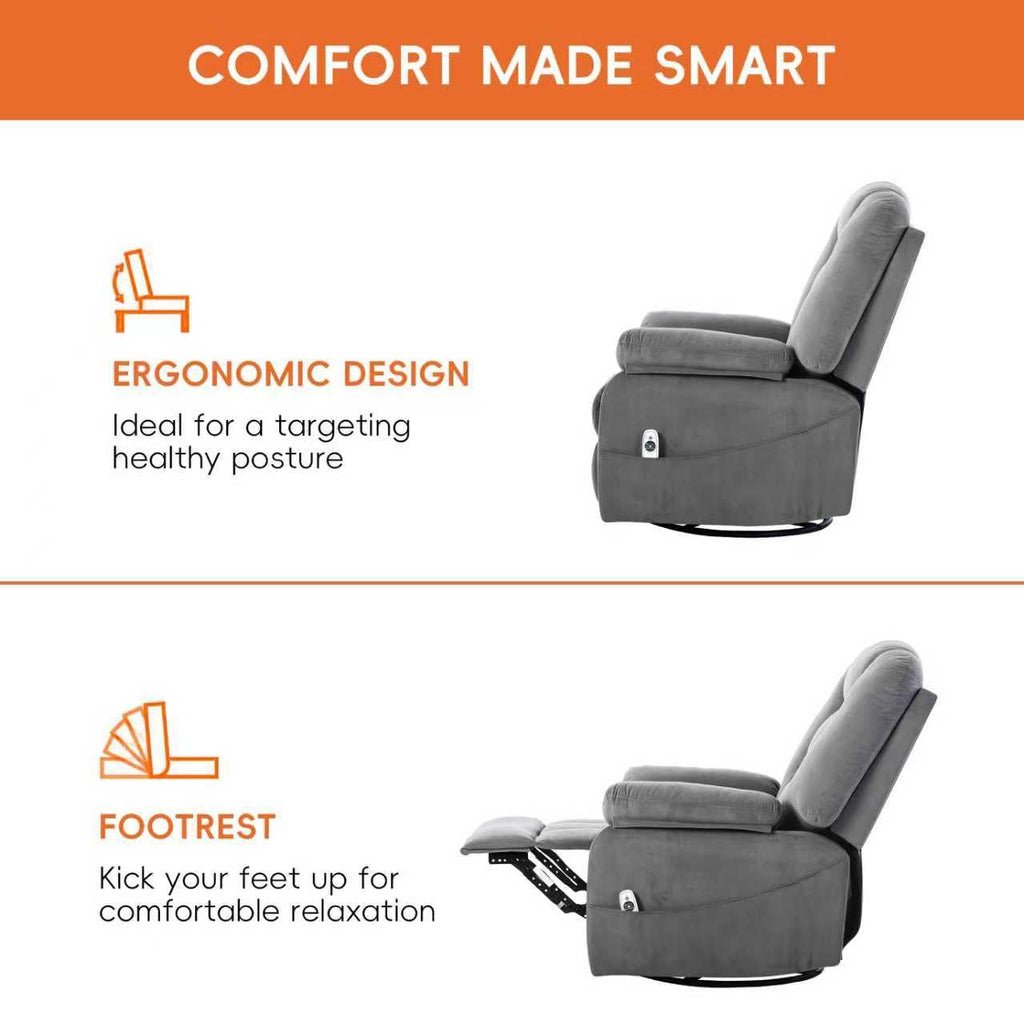 Velvet Grey Power Swivel Rocker Recliner with Massage and Heat Z5983
