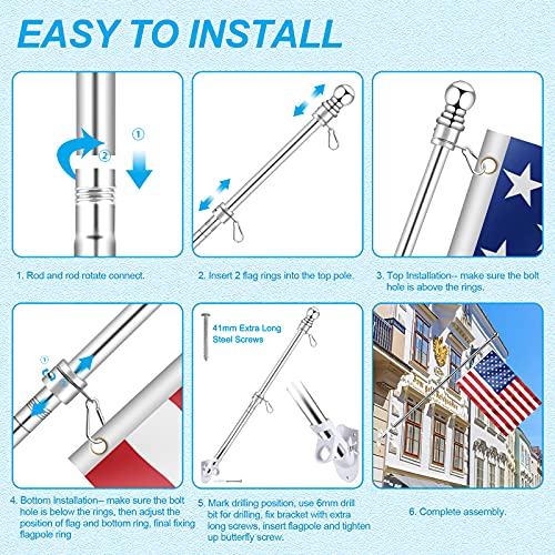 Silver 5 FT Metal Flagpole Kit and 304 Stainless Steel Flagpole Clips R89548
