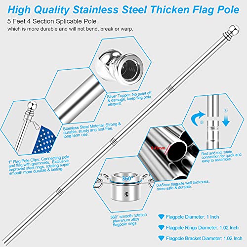 Silver 5 FT Metal Flagpole Kit and 304 Stainless Steel Flagpole Clips R89548