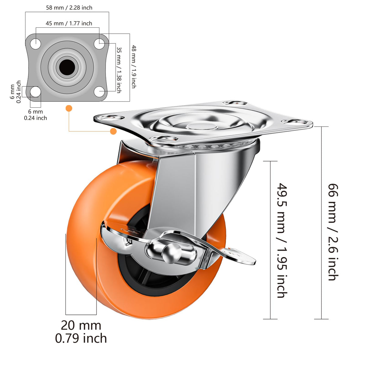 2" Plate Casters with Brake, 8 Pack PU Swivel Wheels Z105951