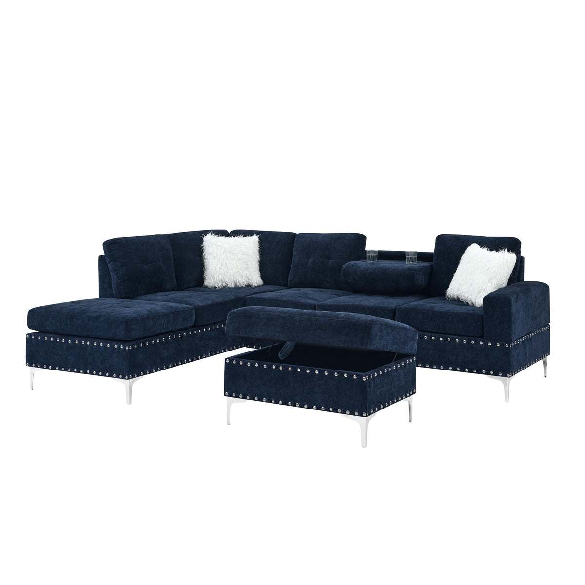 108'' Chenille Navy Blue L-Shaped Sectional Sofa with Storage Ottoman E9823