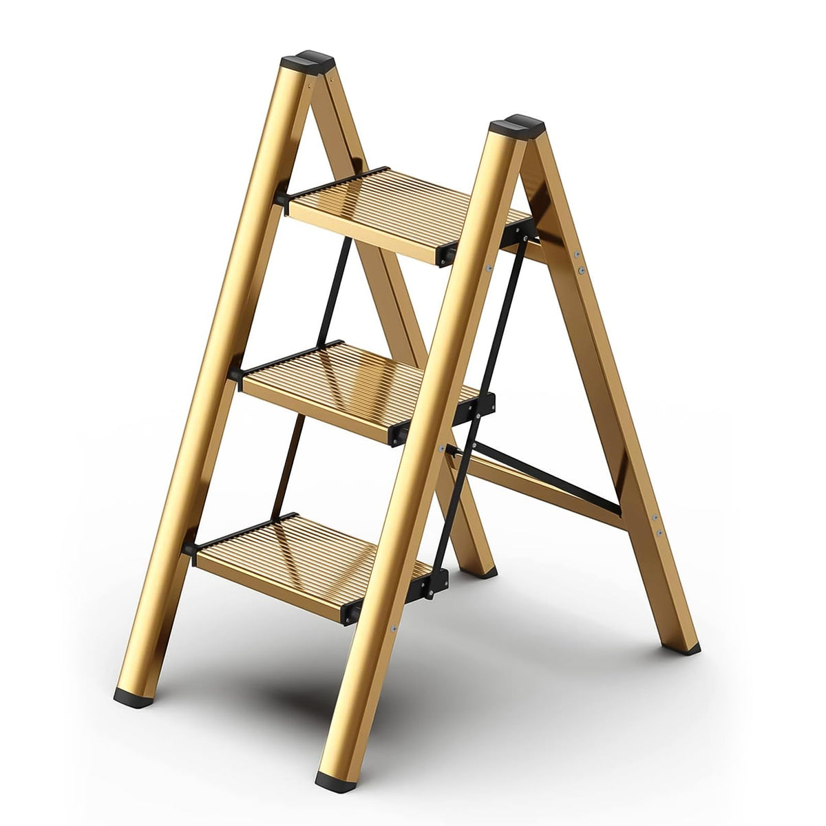 Gold Aluminum 3 Step Folding Stool, 330 lb Capacity W598