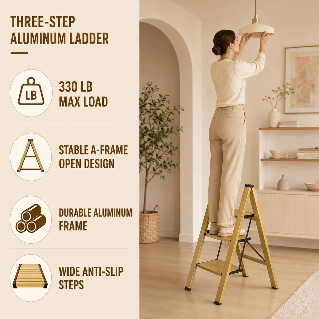 Gold Aluminum 3 Step Folding Stool, 330 lb Capacity W598