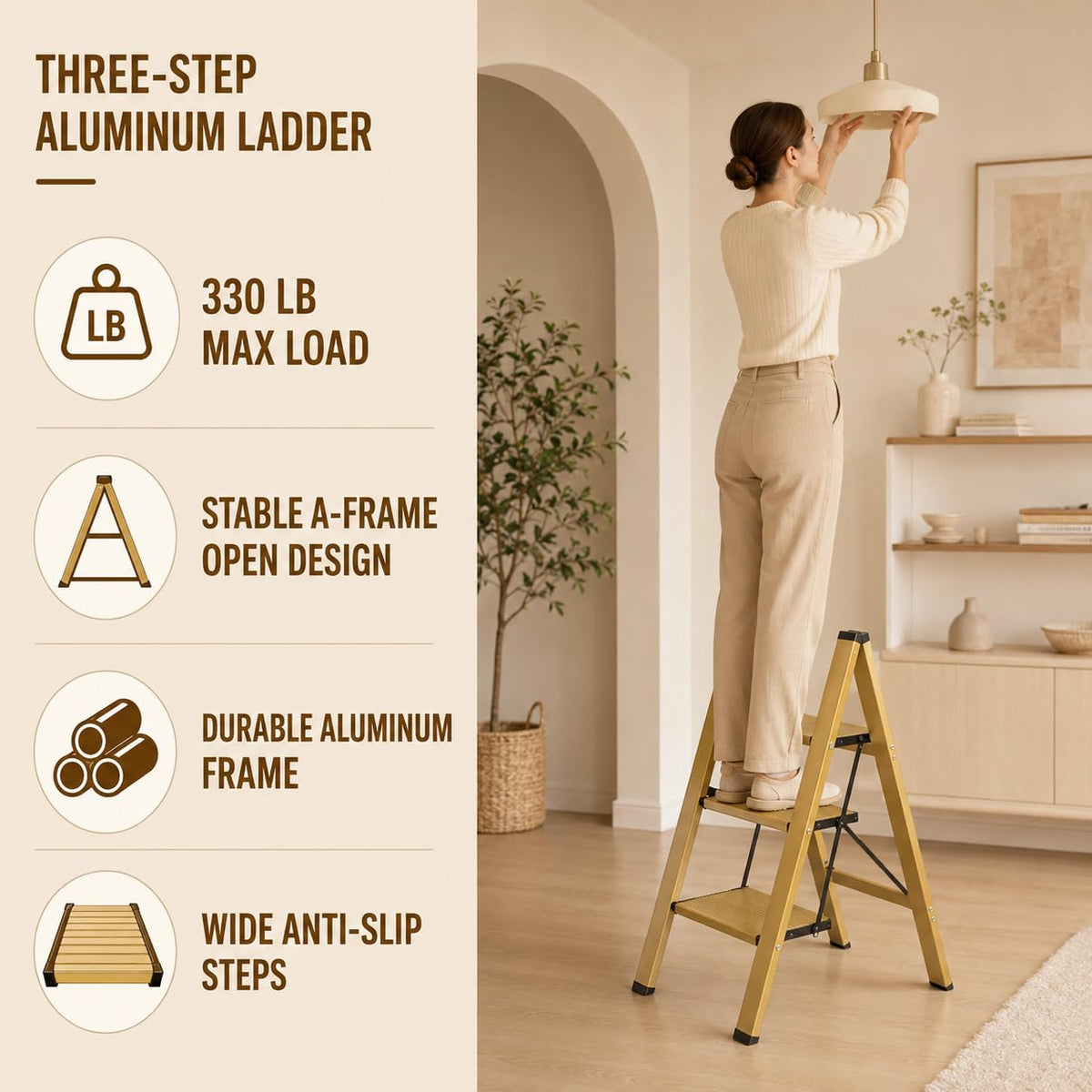 Gold Aluminum 3 Step Folding Stool, 330 lb Capacity W598