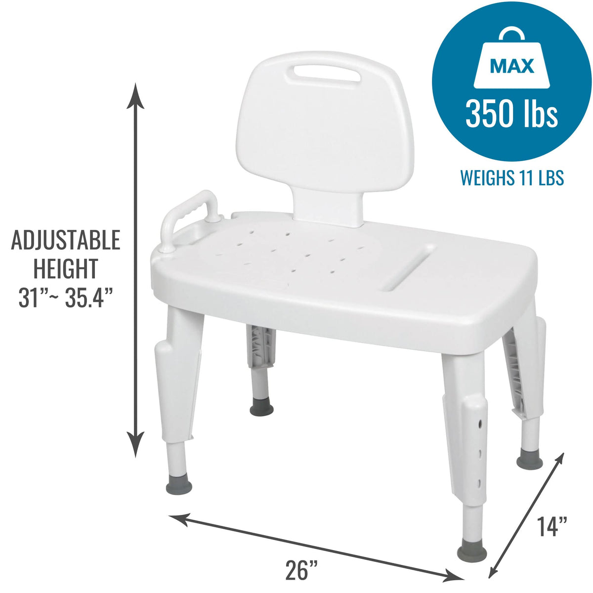 Universal Transfer Bench for Bathtubs & Showers, 350lb Weight Capacity, Adjustable Legs Q8189