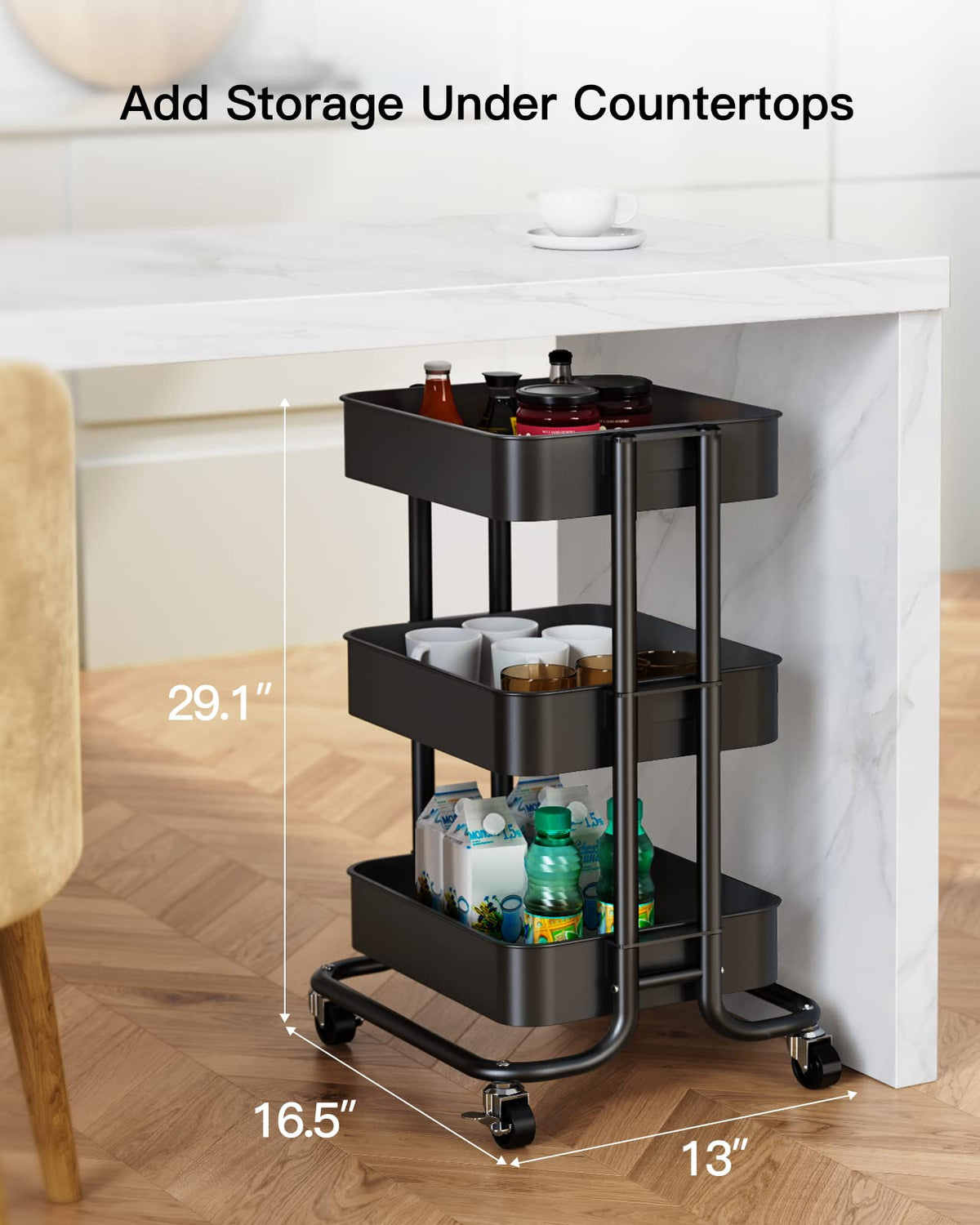 3 Tier Metal Rolling Utility Cart with Lockable Wheels, Black I9731