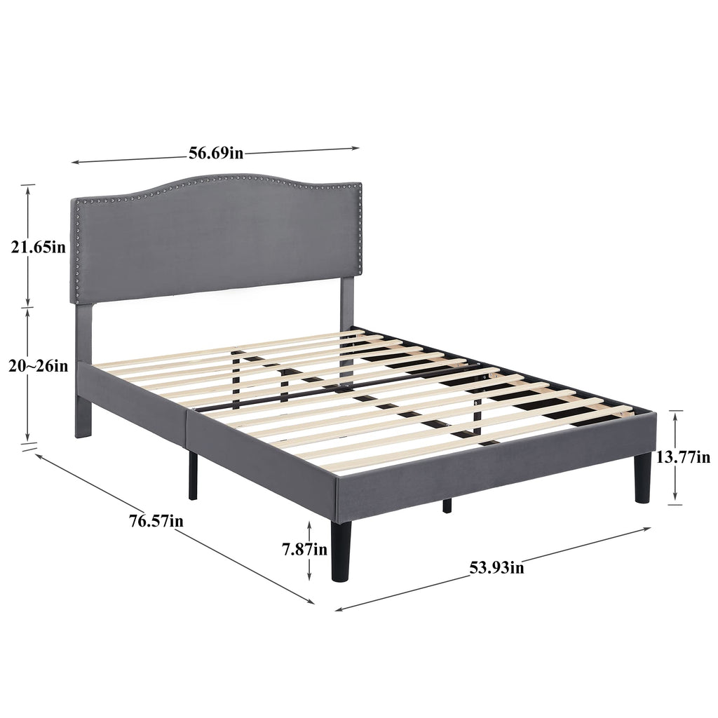 Full Bed Frame with Upholstered Headboard and Wooden Slats, Dark Grey Y639