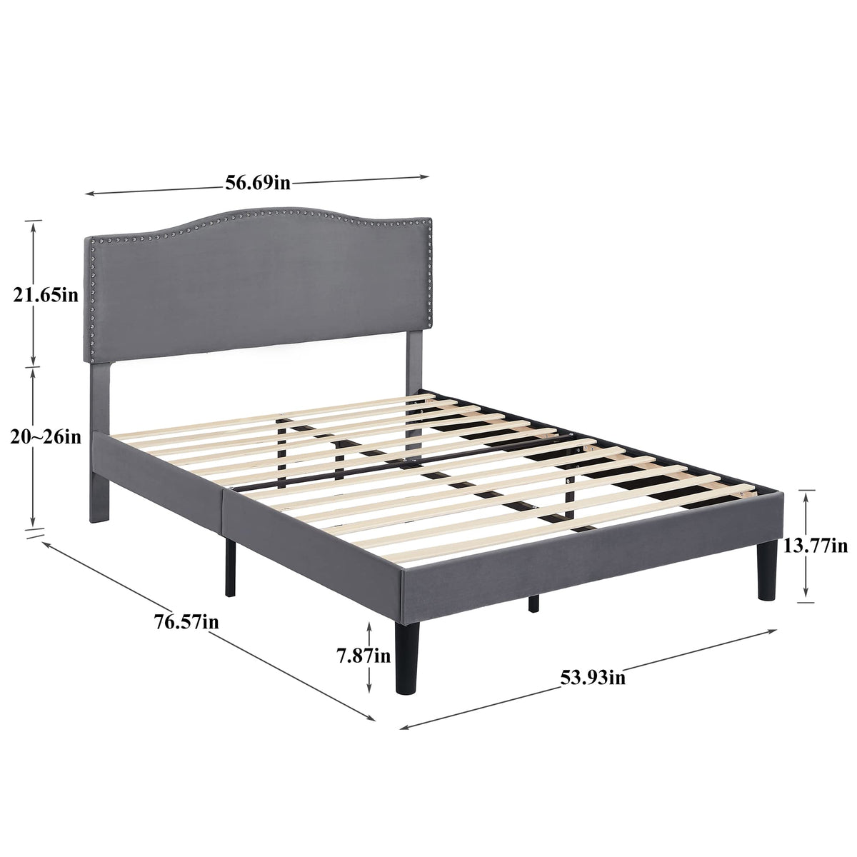 Full Bed Frame with Upholstered Headboard and Wooden Slats, Dark Grey Y639