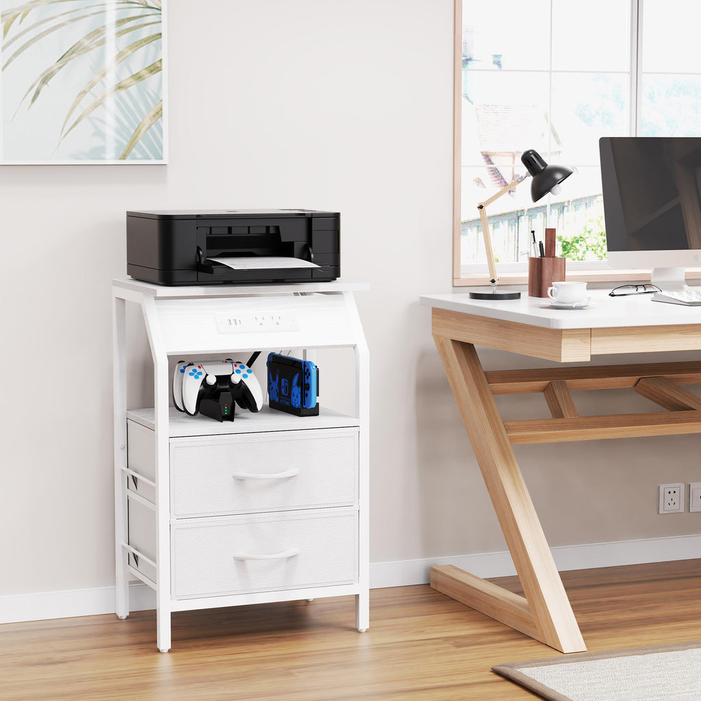 End Table with LED Lights, 2 Fabric Drawers and Charging Station B6208