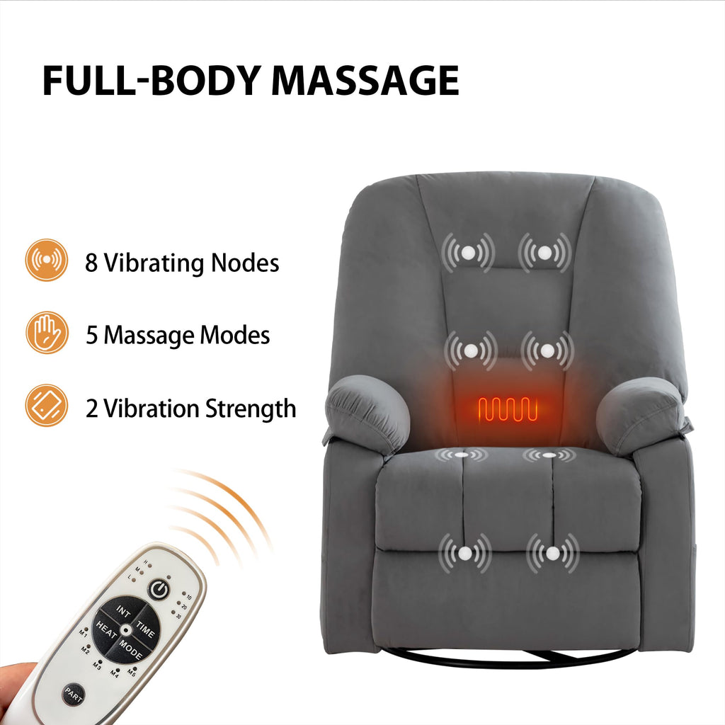 Velvet Grey Power Swivel Rocker Recliner with Massage and Heat Z5983