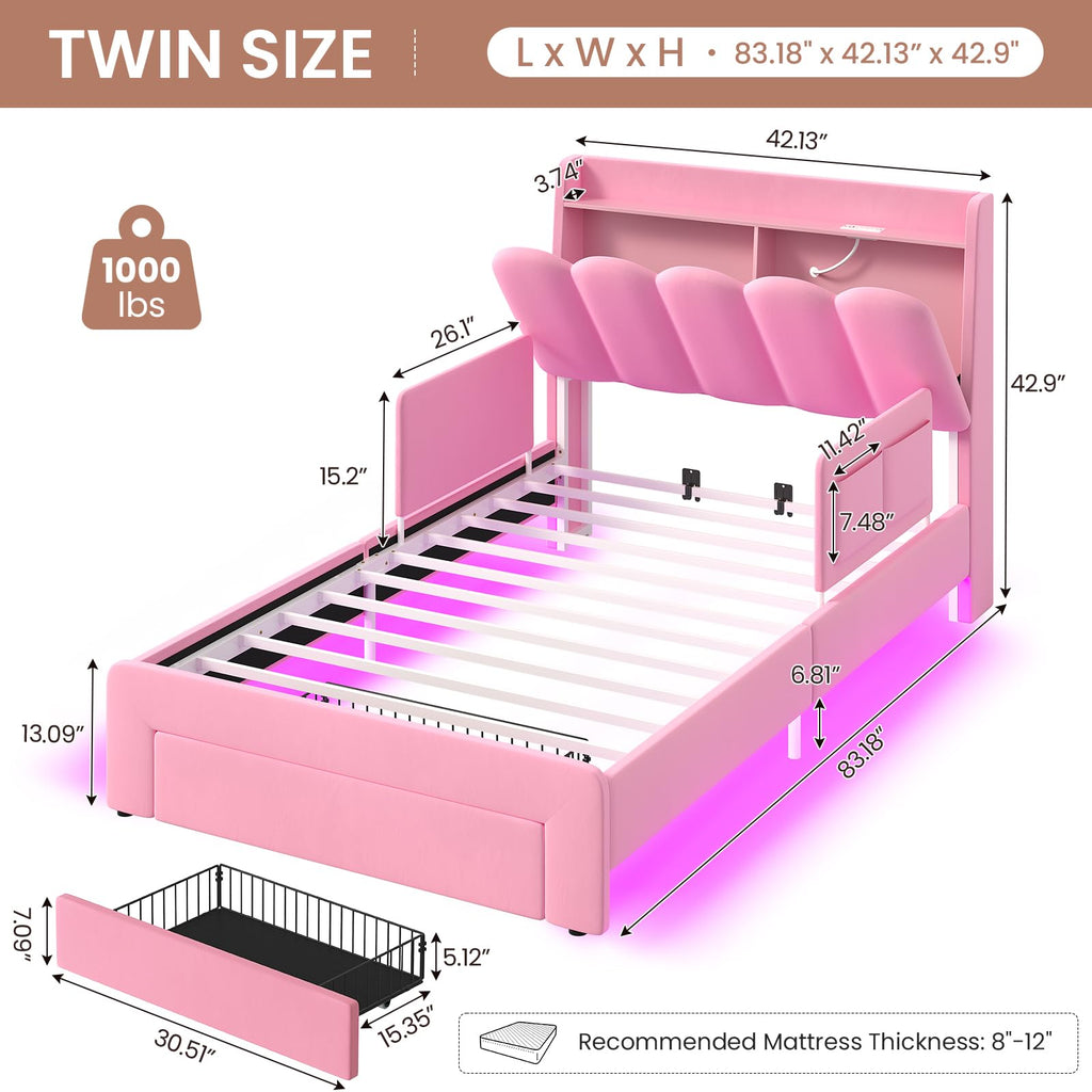 Pink Velvet Upholstered Twin Size Platform Bed with Storage Drawer O796972