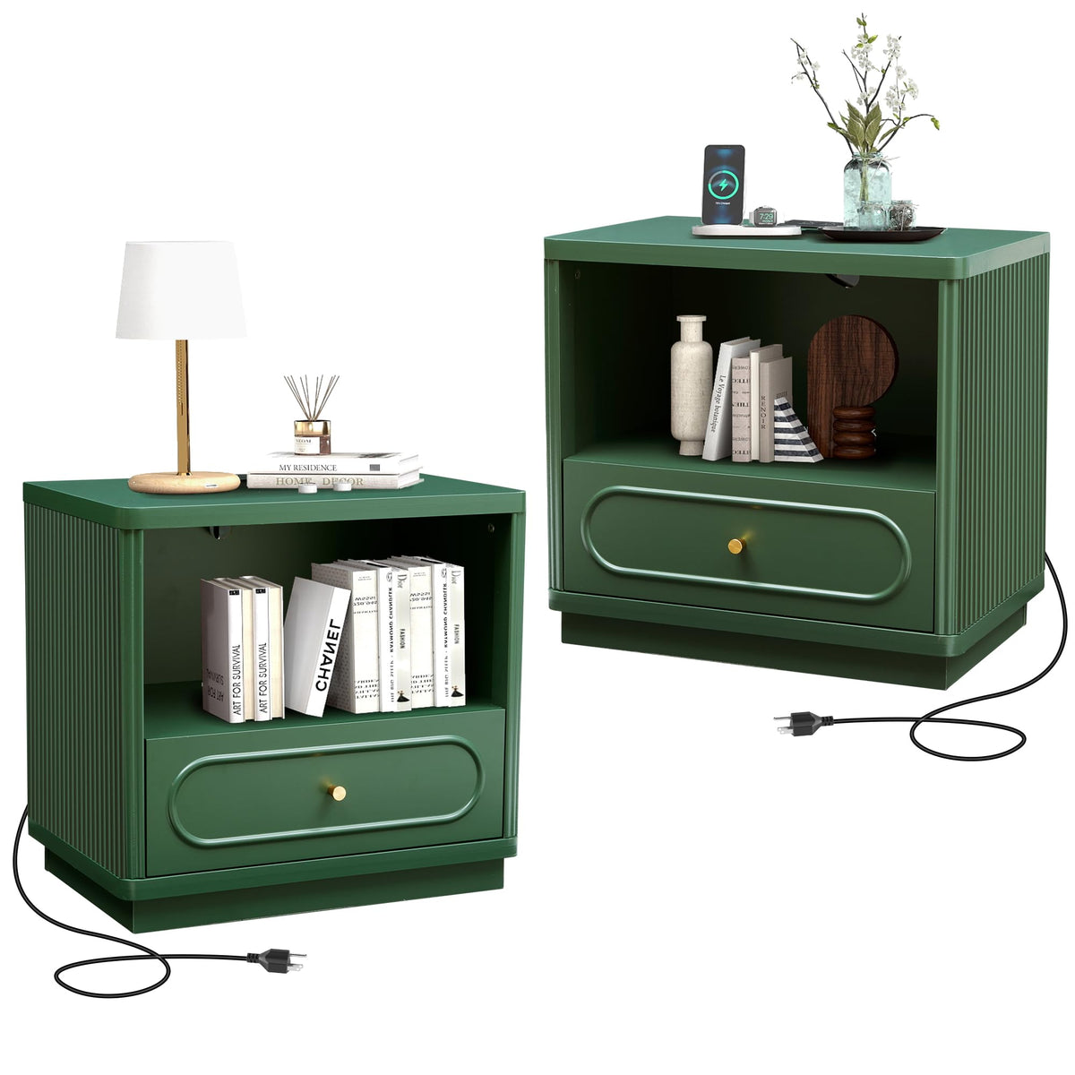 Green Fluted Nightstand Set of 2 with Charging Station J867915