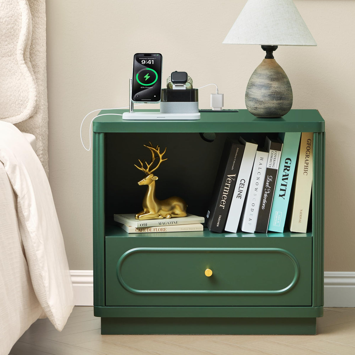 Green Fluted Nightstand Set of 2 with Charging Station J867915