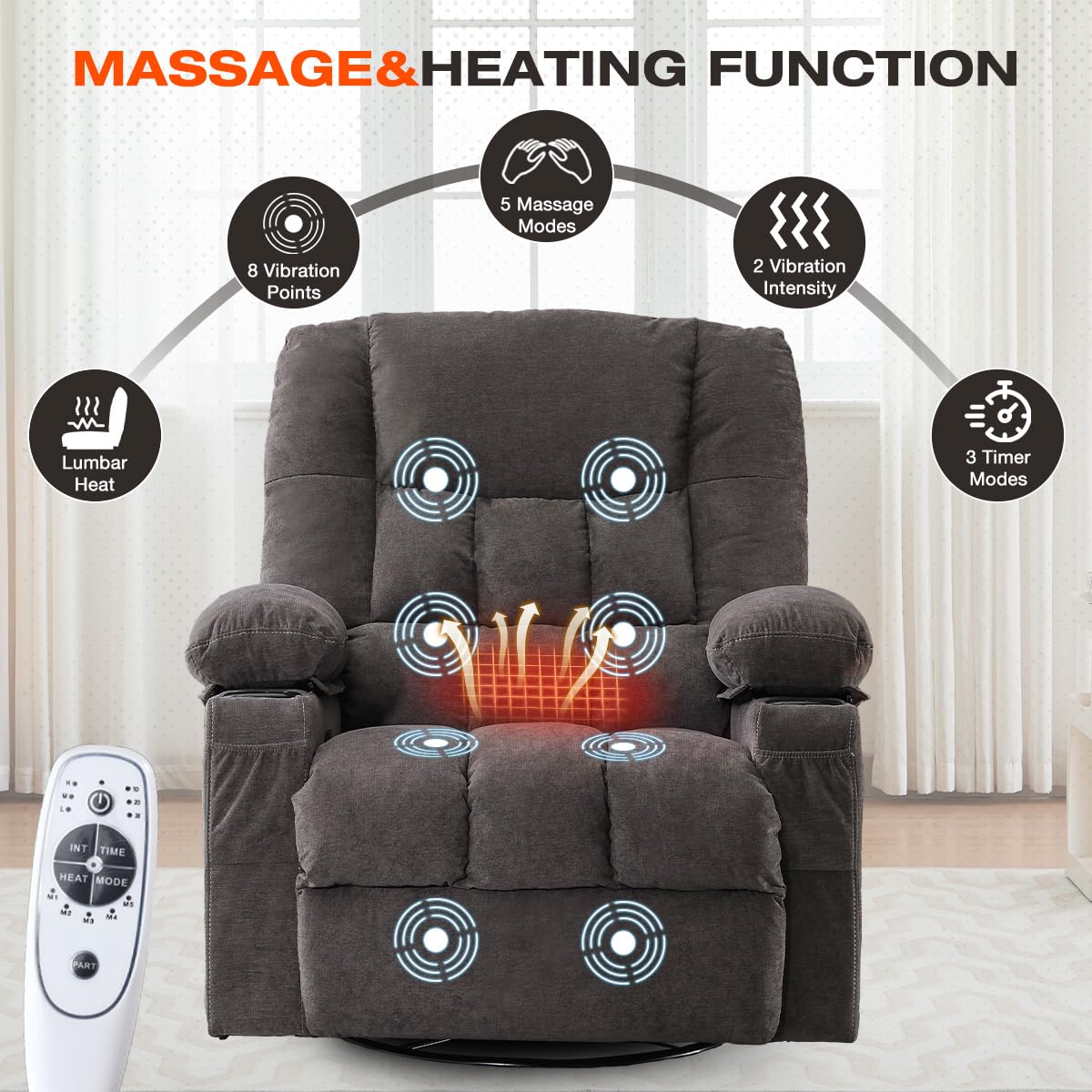 Oversized Swivel Rocker Recliner with Massage and Heat D263522