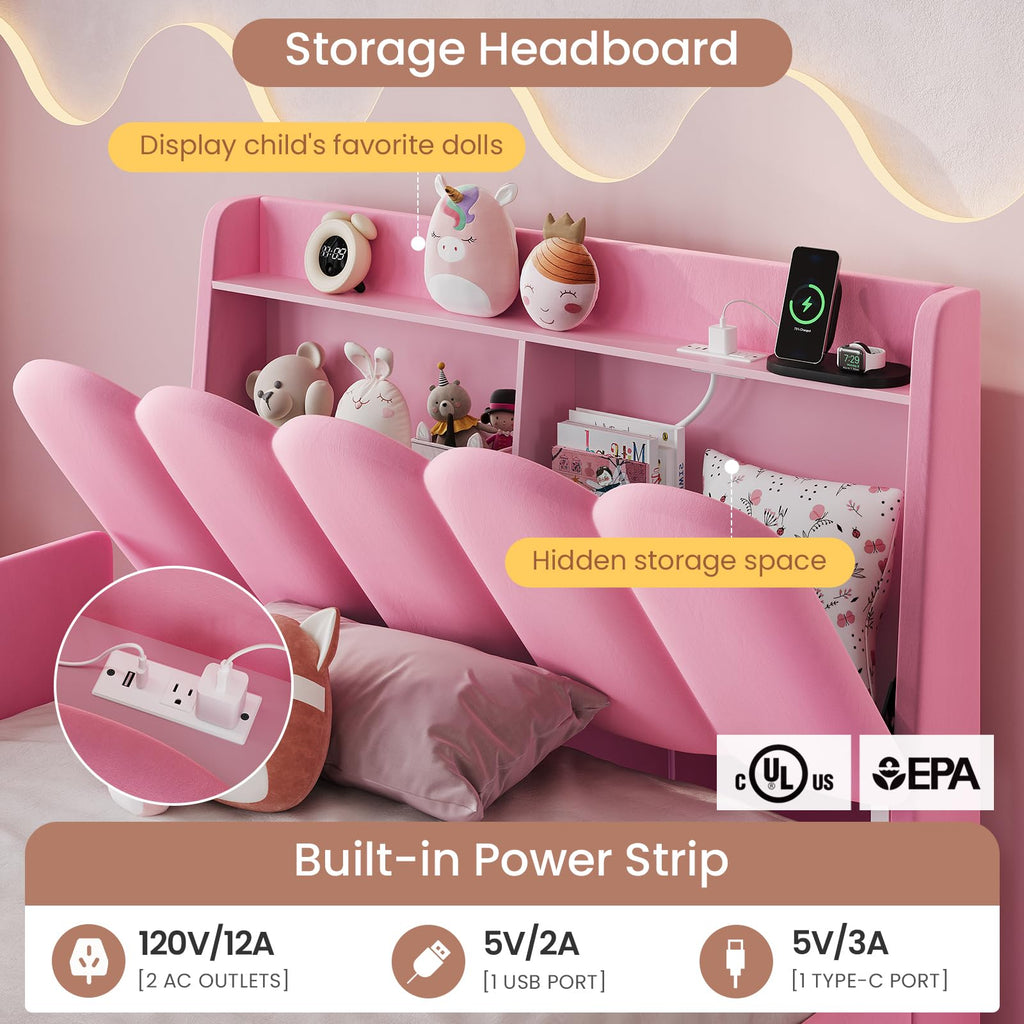 Pink Velvet Upholstered Twin Size Platform Bed with Storage Drawer O796972