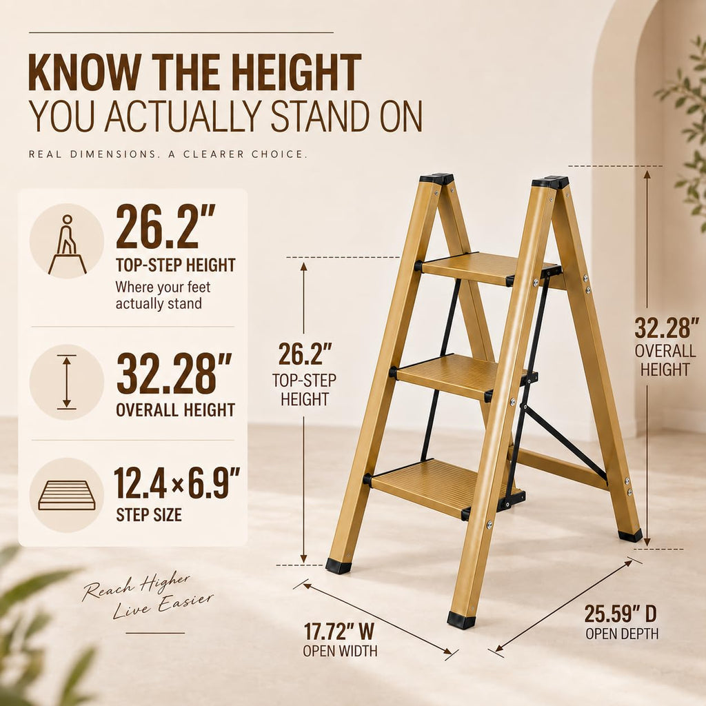 Gold Aluminum 3 Step Folding Stool, 330 lb Capacity W598