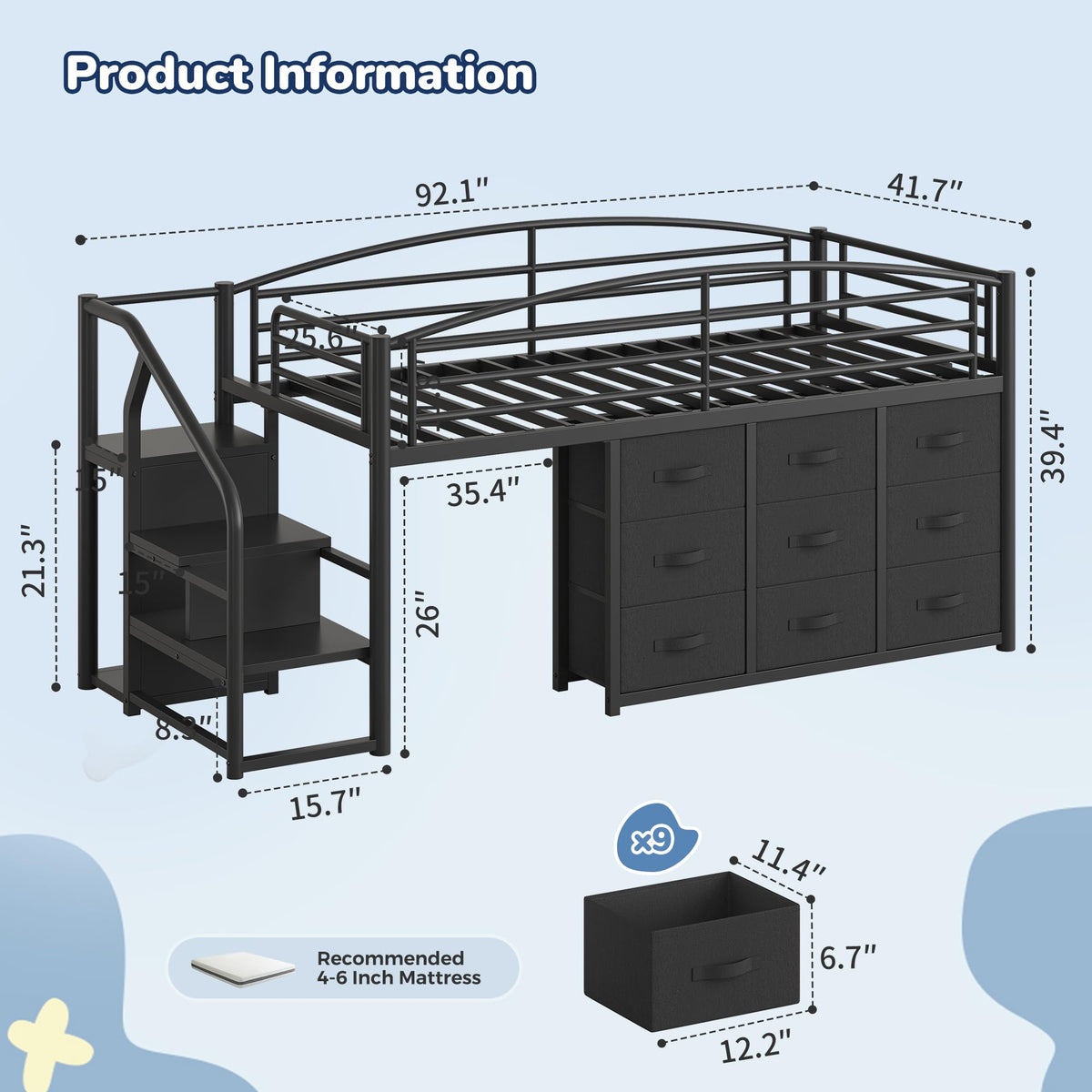 Twin Metal Loft Bed with 9 Storage Drawers and Guardrail X689
