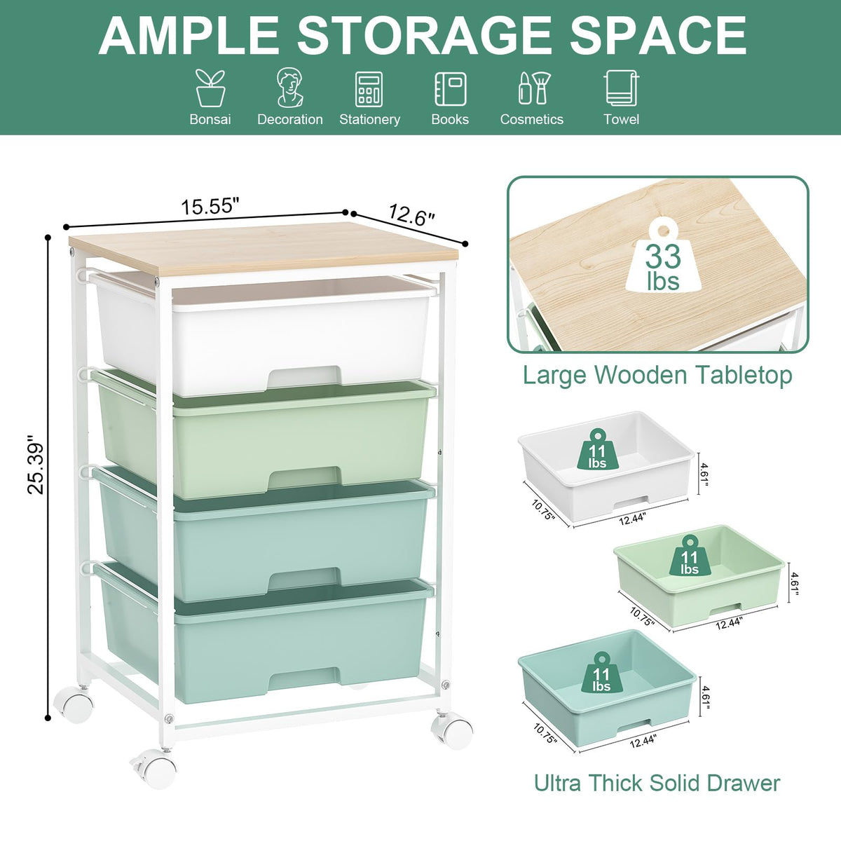 Rolling Cart with Drawers, 4-Drawer Utility Cart, Green T3843