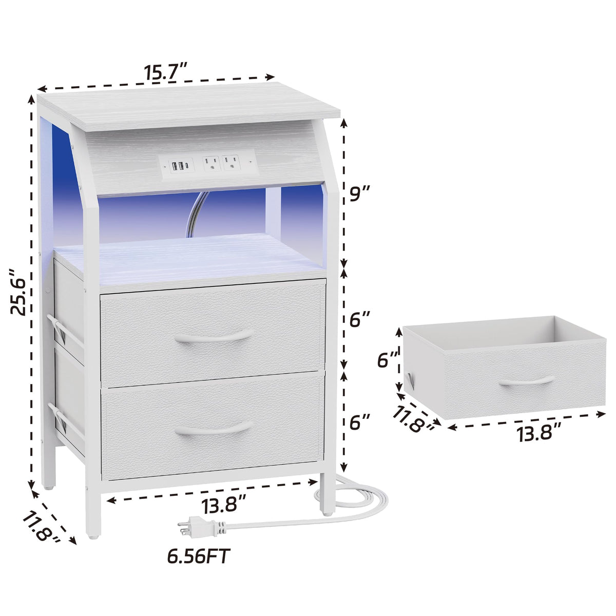 End Table with LED Lights, 2 Fabric Drawers and Charging Station B6208