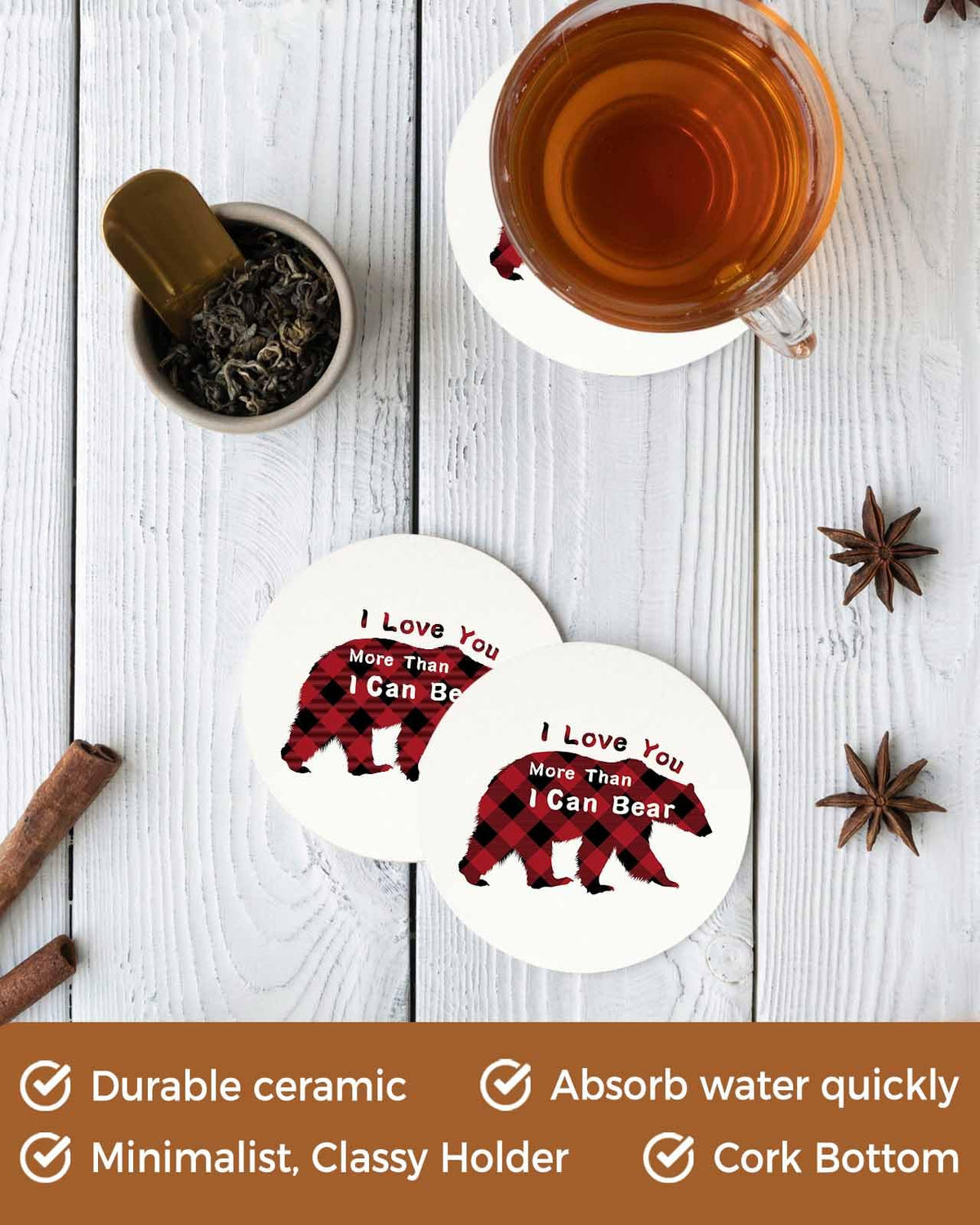 Christmas Bear Ceramic Coasters Set of 6 with Holder A34501