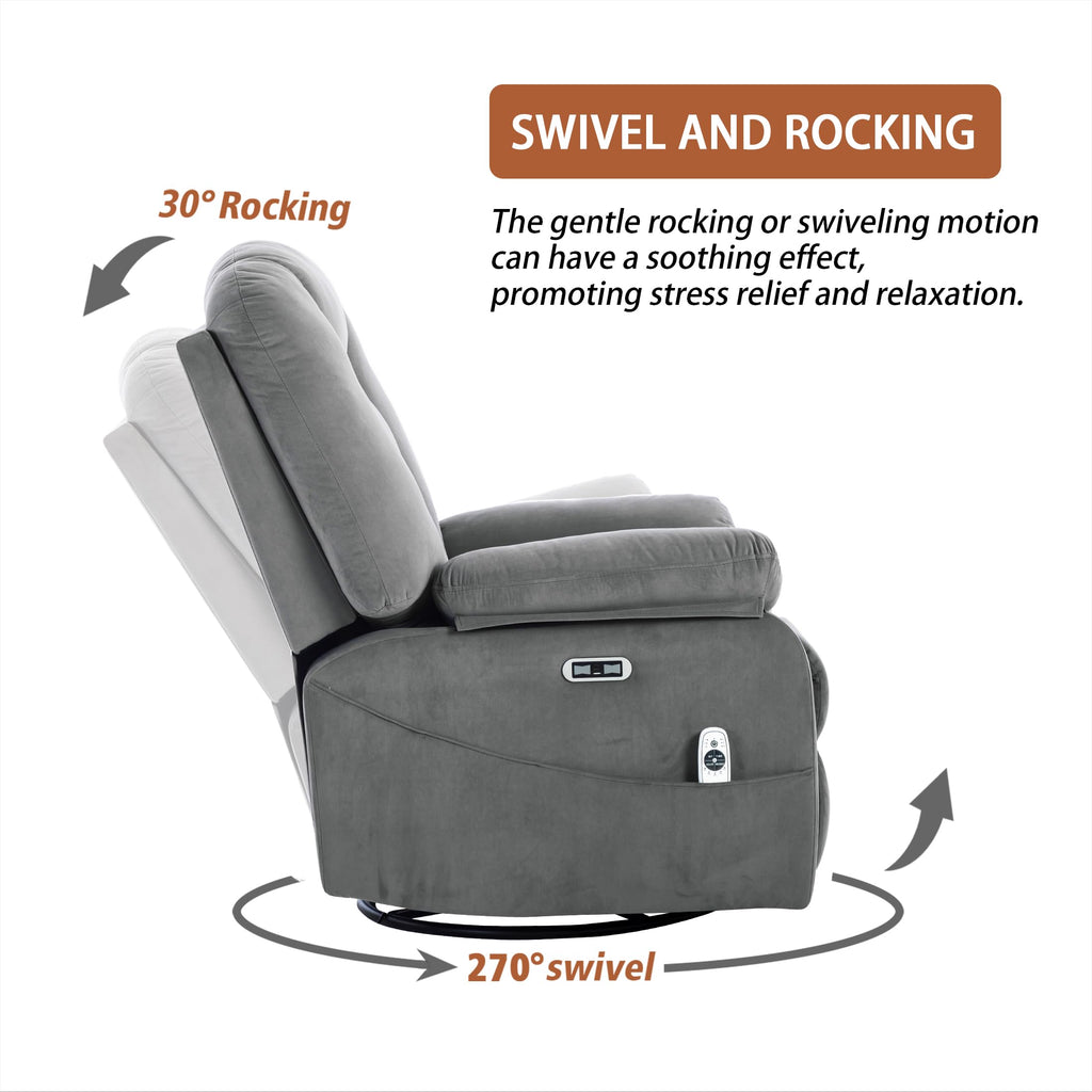 Velvet Grey Power Swivel Rocker Recliner with Massage and Heat Z5983