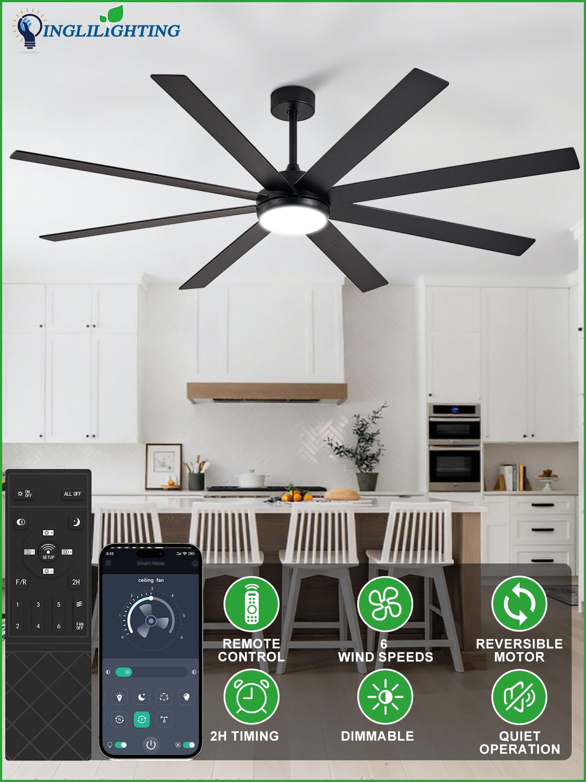 Black 72in Ceiling Fan with Lights H56915