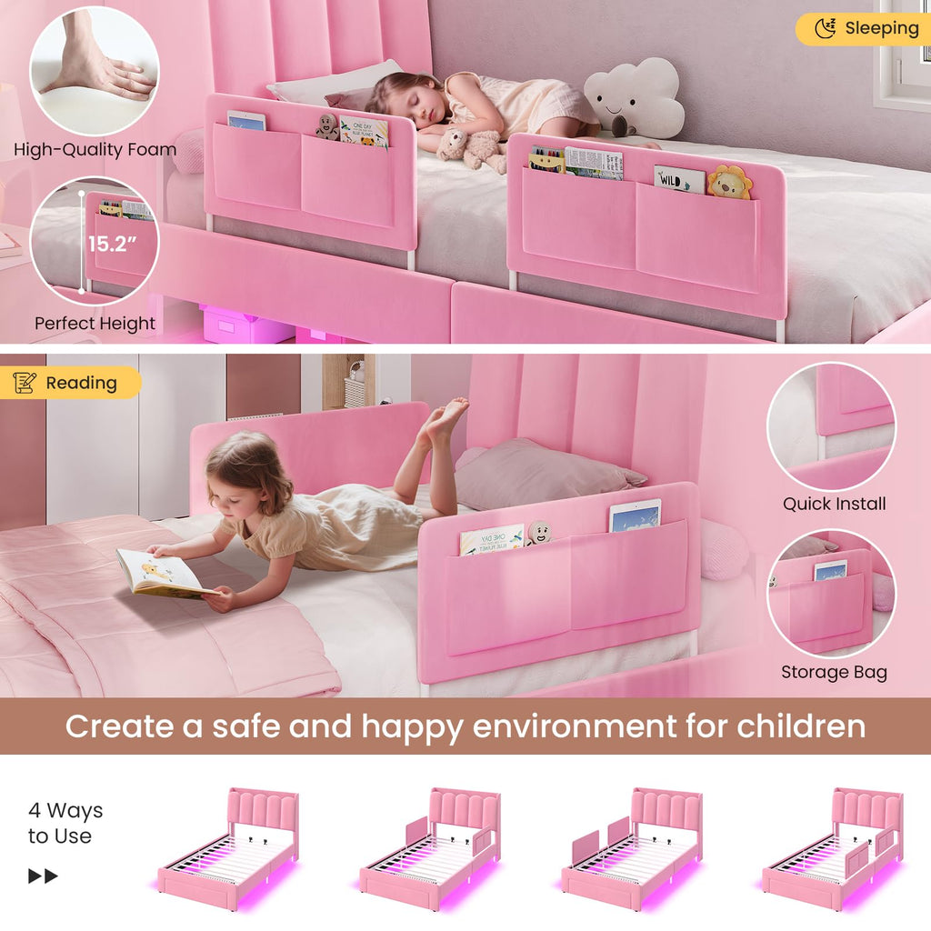 Pink Velvet Upholstered Twin Size Platform Bed with Storage Drawer O796972