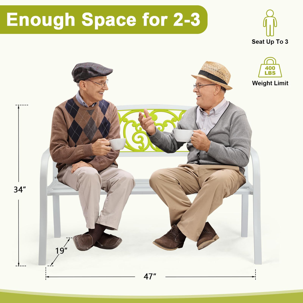 47in Weatherproof Metal Outdoor Bench with Back and Armrests D391