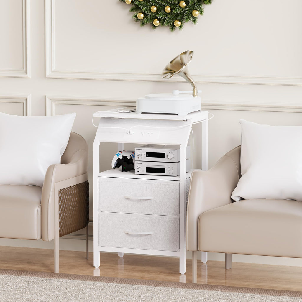 End Table with LED Lights, 2 Fabric Drawers and Charging Station B6208