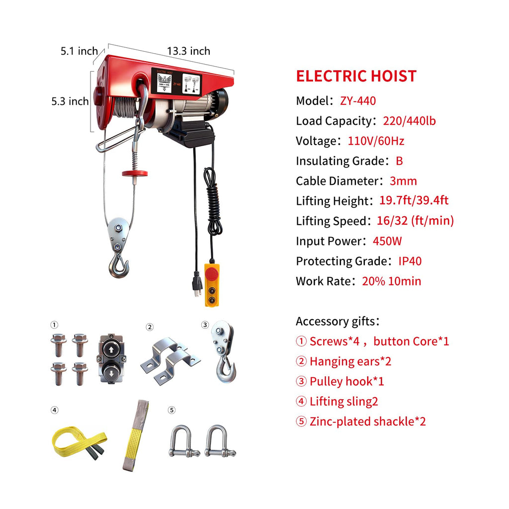 440 lbs 110V Electric Hoist with 14ft Wired Remote Control L70063