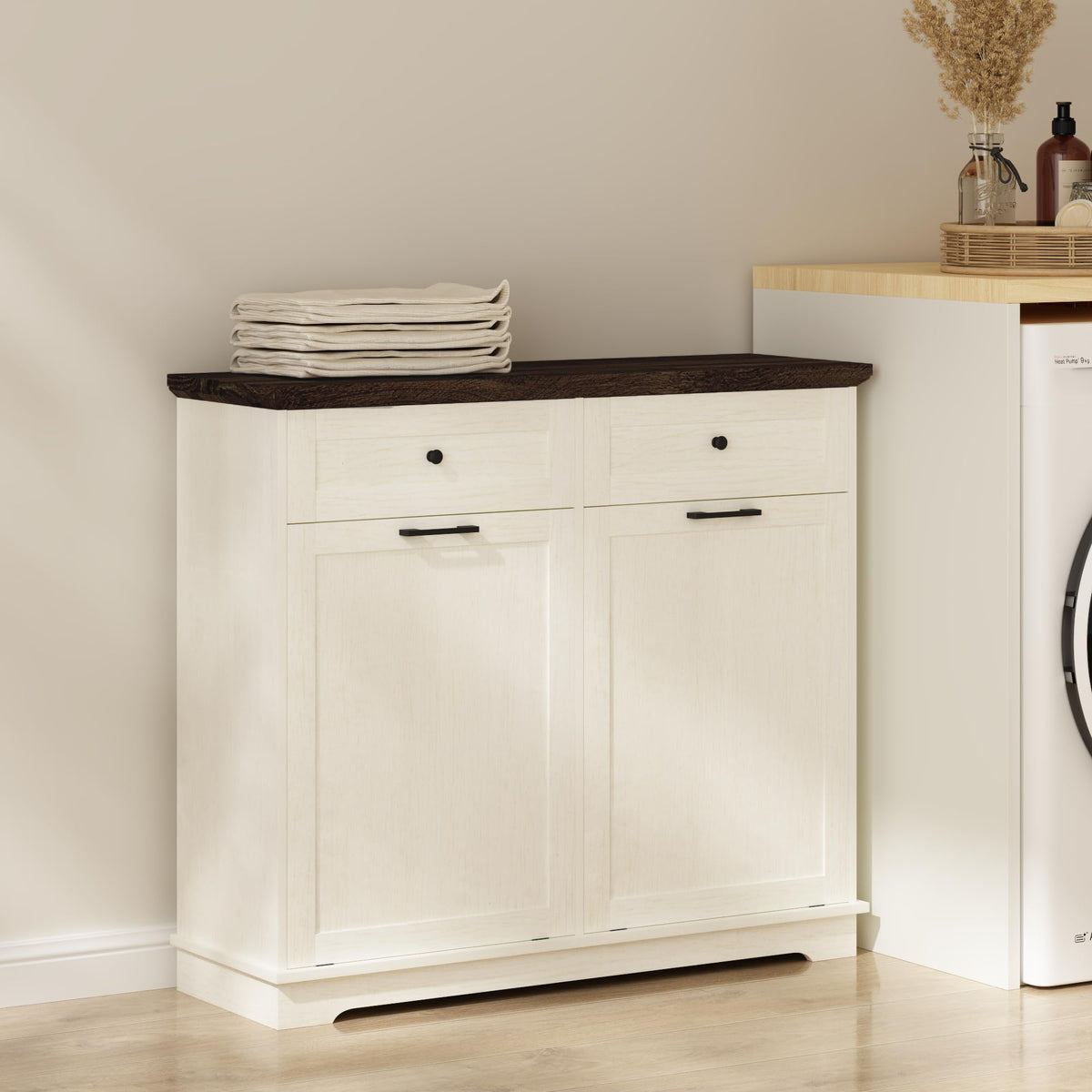 20 Gallon Double Tilt Out Wood Trash Can Cabinet with Drawer K3495