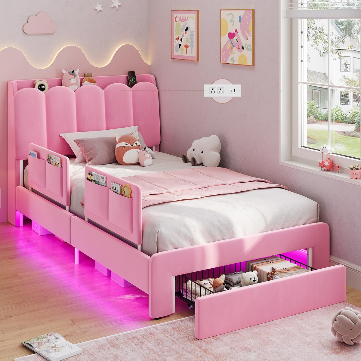 Pink Velvet Upholstered Twin Size Platform Bed with Storage Drawer O796972