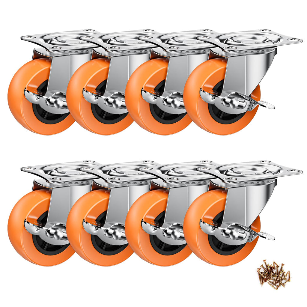 2" Plate Casters with Brake, 8 Pack PU Swivel Wheels Z105951