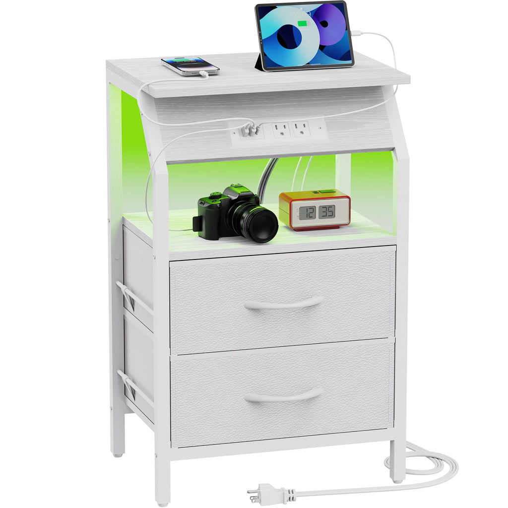 End Table with LED Lights, 2 Fabric Drawers and Charging Station B6208