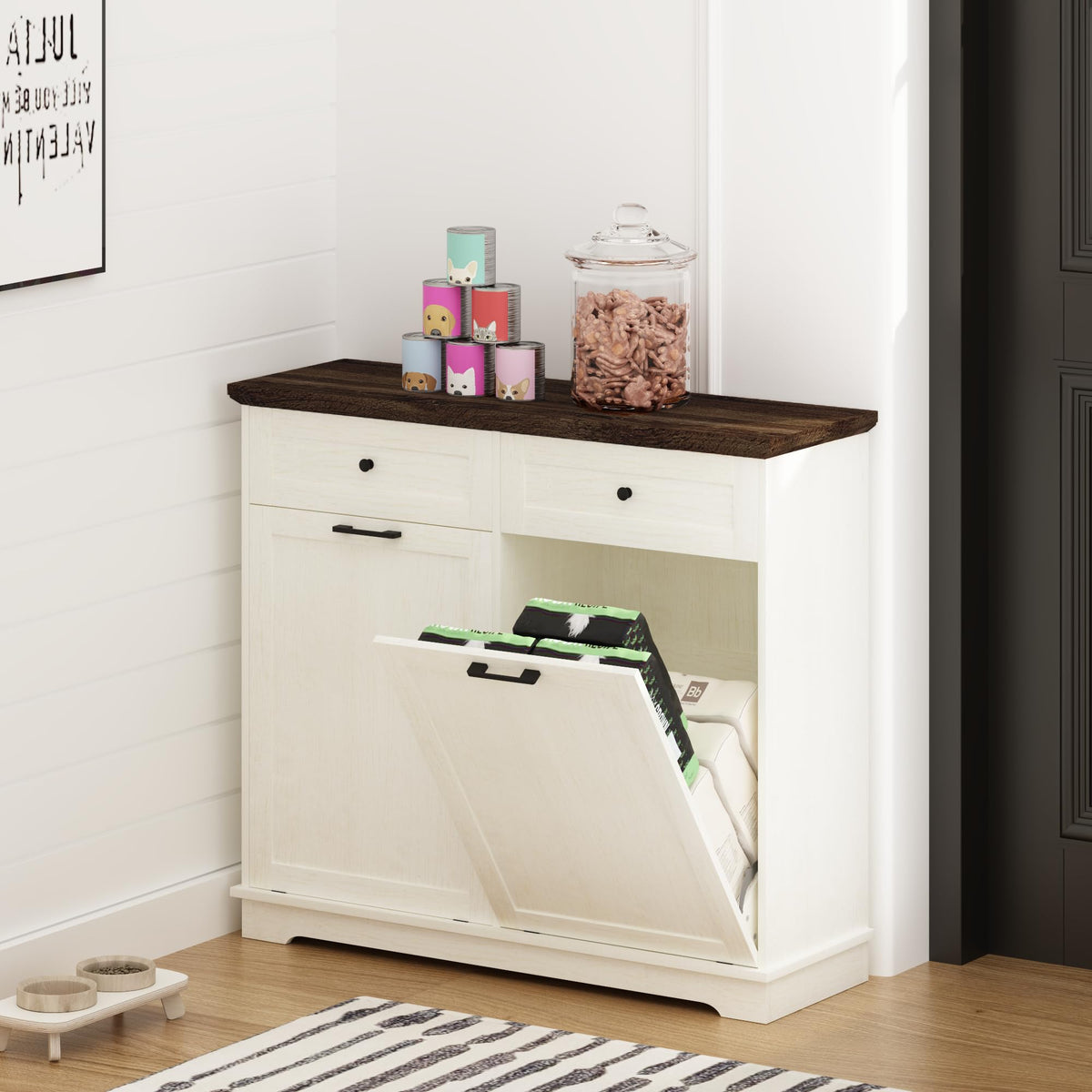 20 Gallon Double Tilt Out Wood Trash Can Cabinet with Drawer K3495