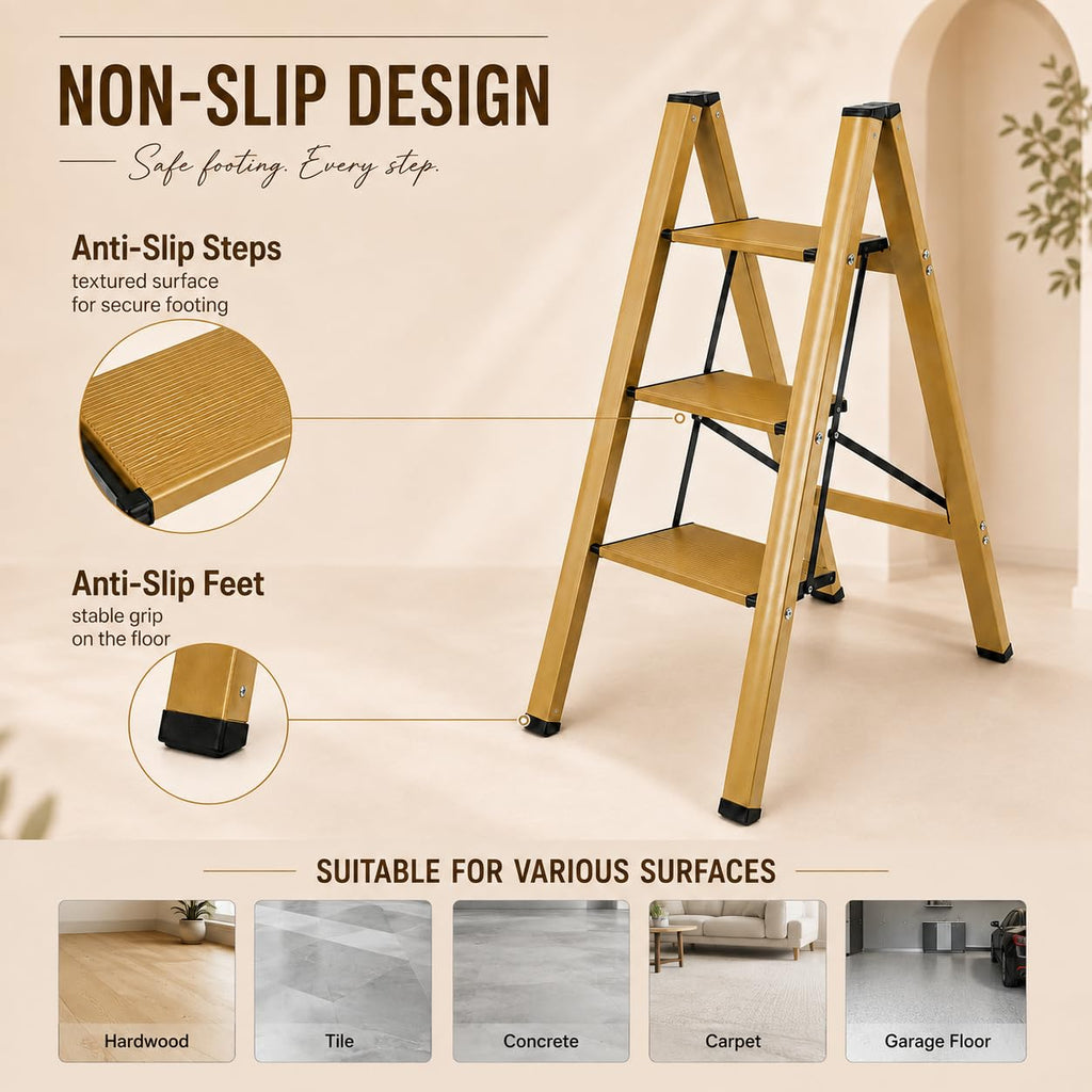 Gold Aluminum 3 Step Folding Stool, 330 lb Capacity W598