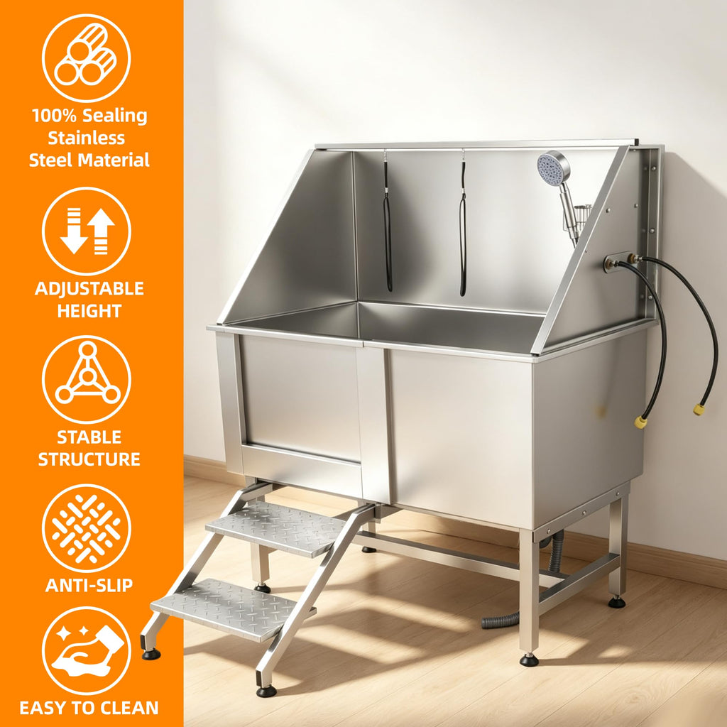 304 Stainless Steel Dog Washing Station with Stairs and 2 Drawers Y70359