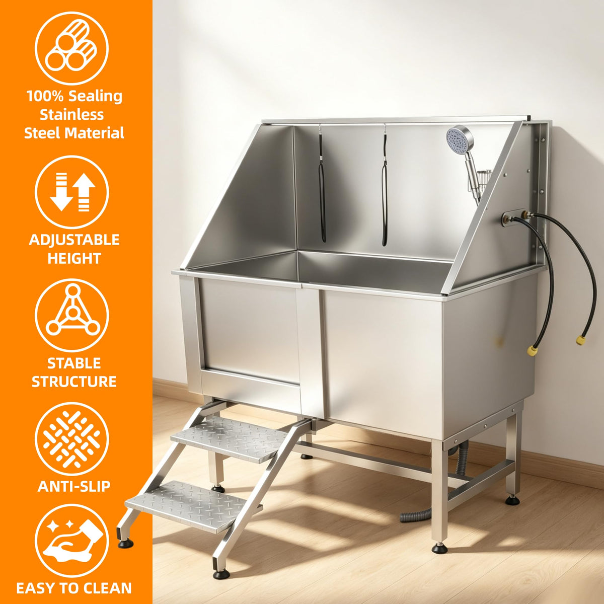 304 Stainless Steel Dog Washing Station with Stairs and 2 Drawers Y70359