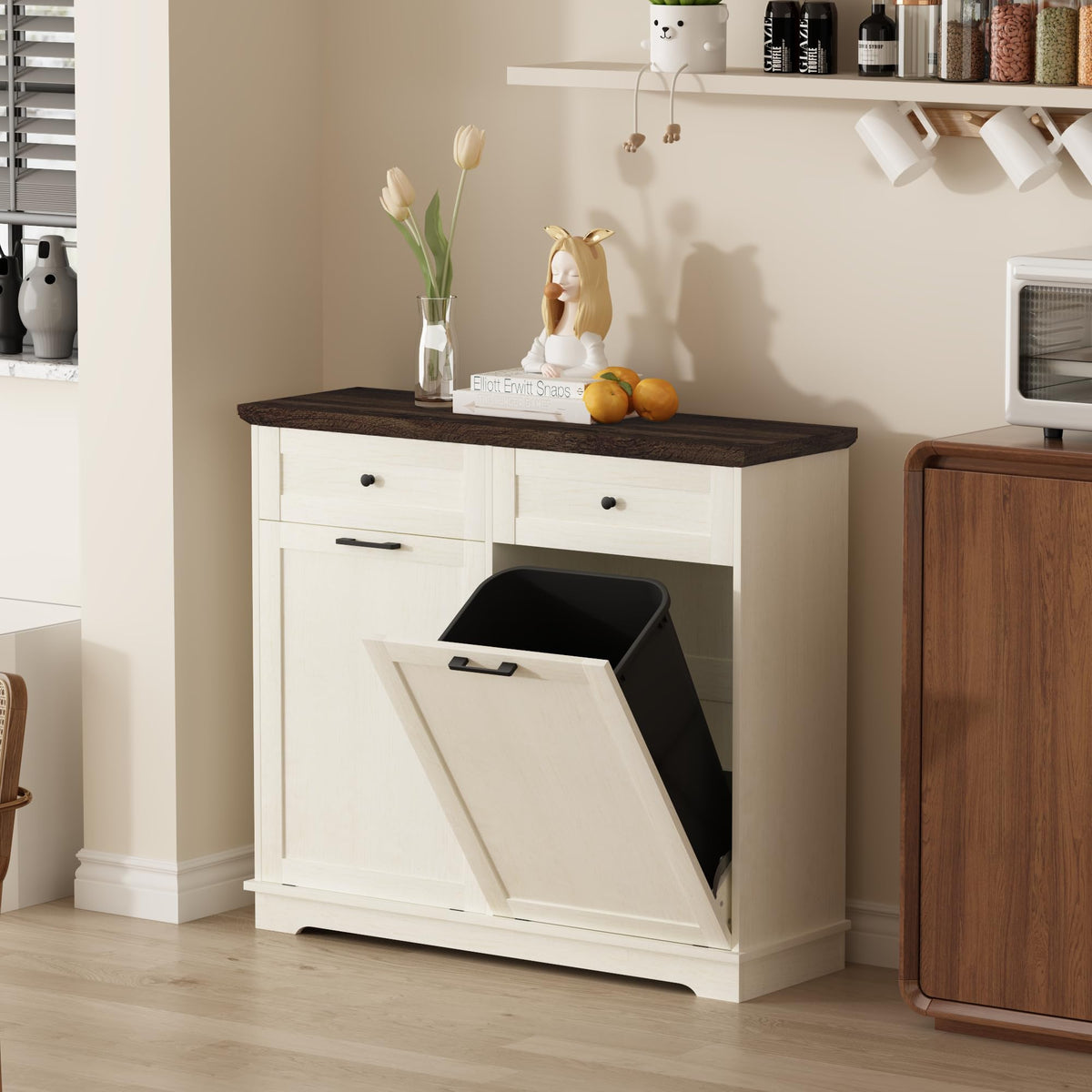 20 Gallon Double Tilt Out Wood Trash Can Cabinet with Drawer K3495