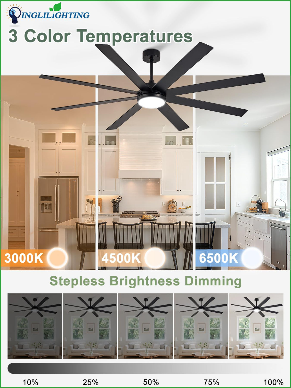 Black 72in Ceiling Fan with Lights H56915