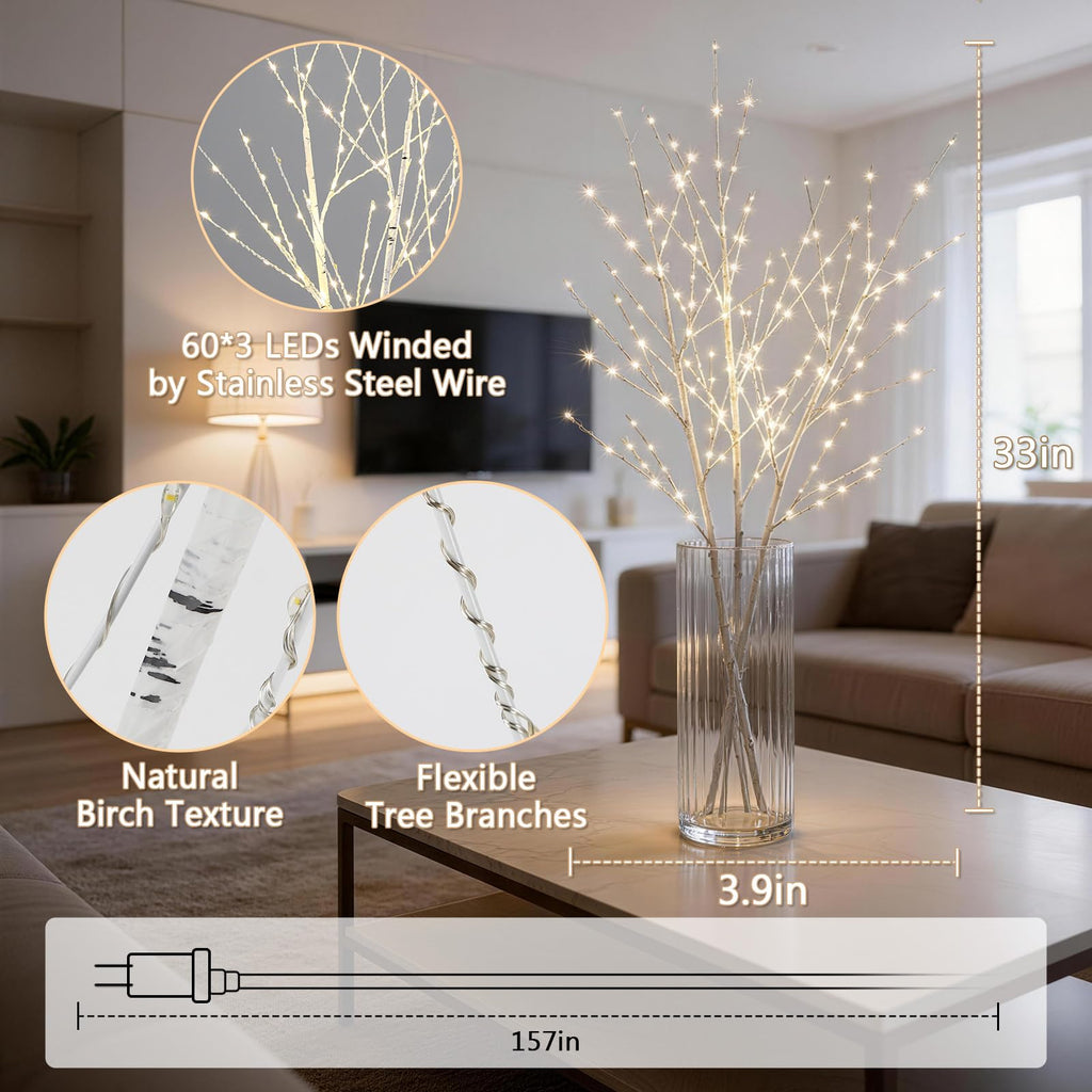 Lighted Birch White Tree Branches 33IN 180LED with Timer I834