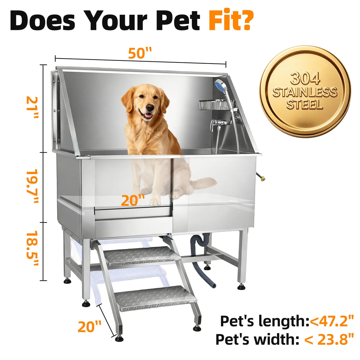 304 Stainless Steel Dog Washing Station with Stairs and 2 Drawers Y70359