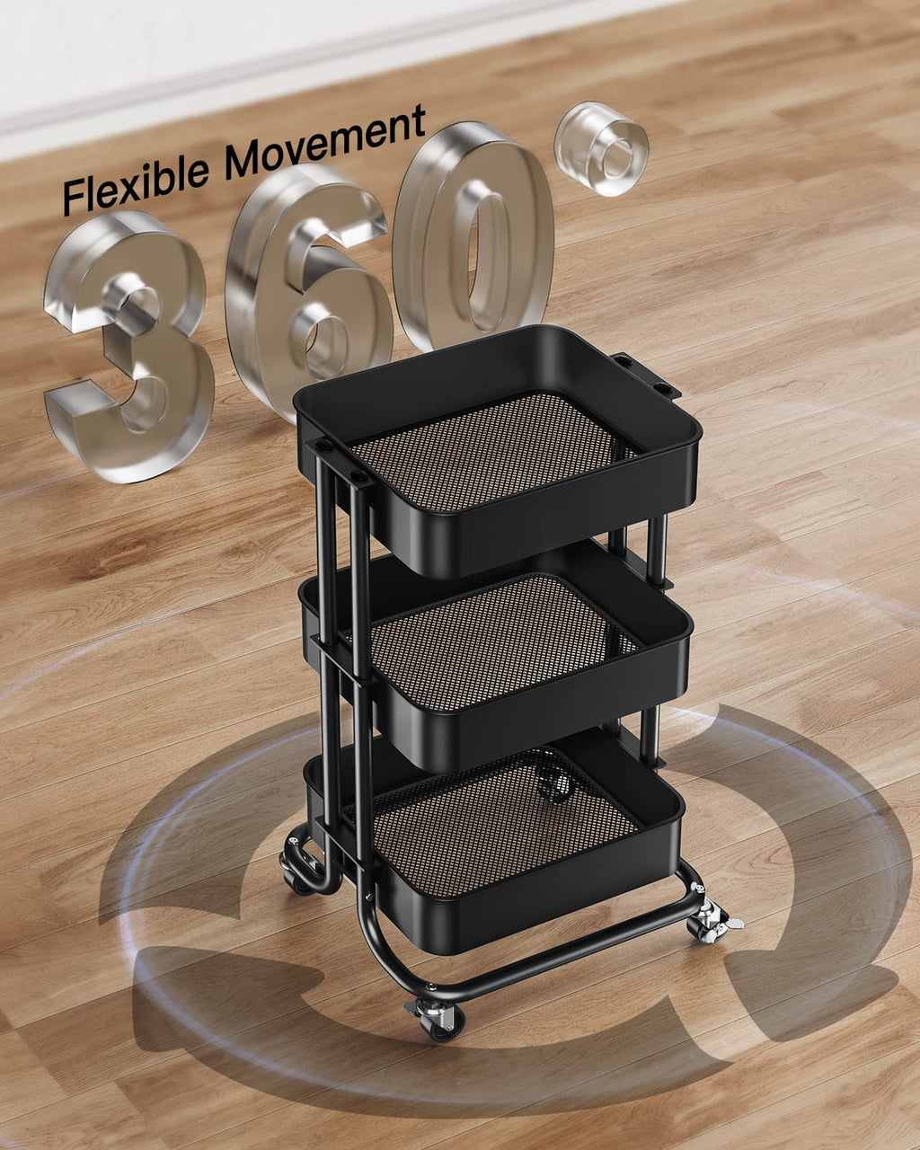 3 Tier Metal Rolling Utility Cart with Lockable Wheels, Black I9731