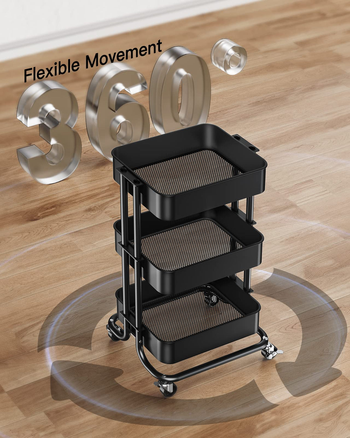 3 Tier Metal Rolling Utility Cart with Lockable Wheels, Black I9731