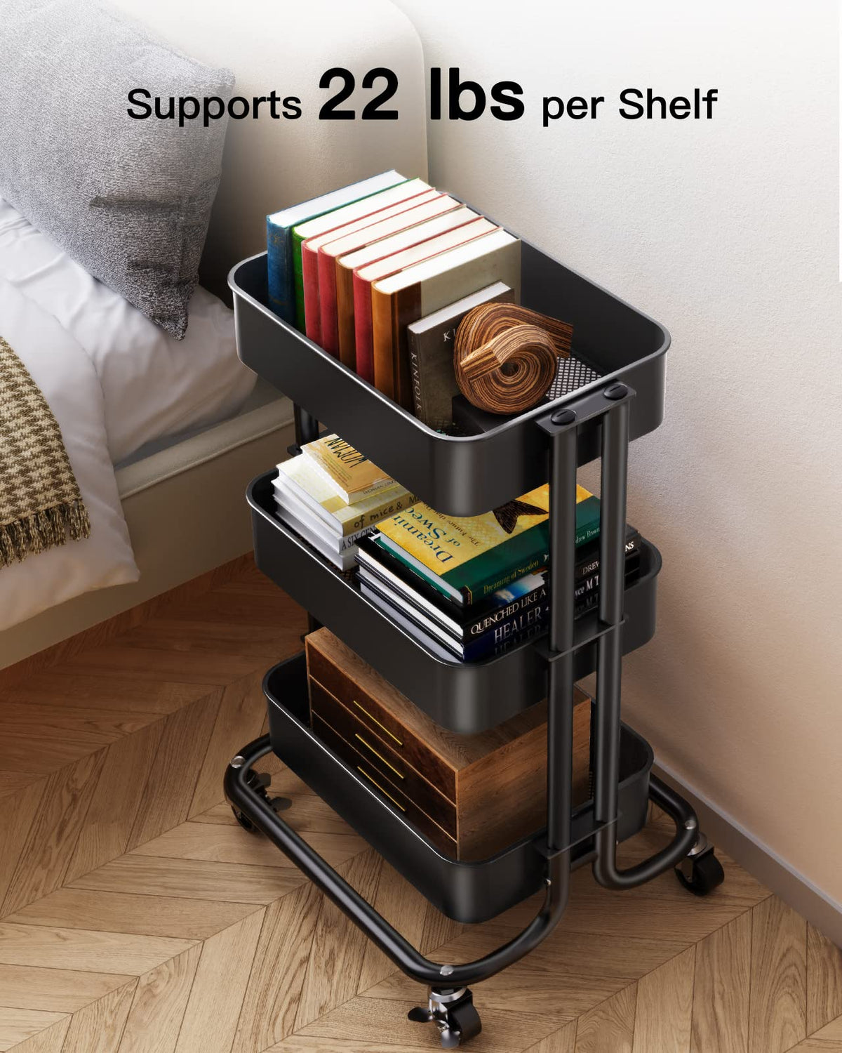 3 Tier Metal Rolling Utility Cart with Lockable Wheels, Black I9731