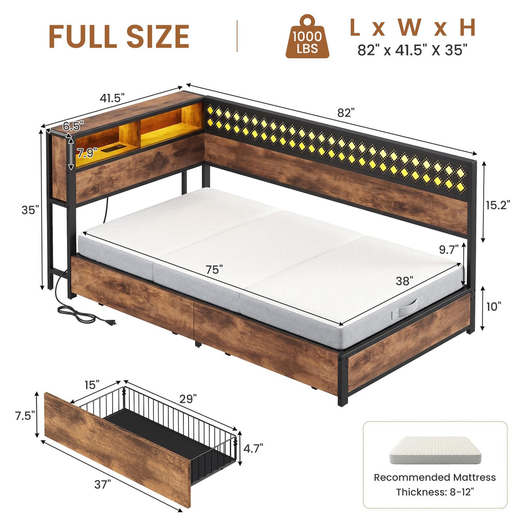 Twin Corner Bed Frame with Mattress and 2 Storage Drawers A43392