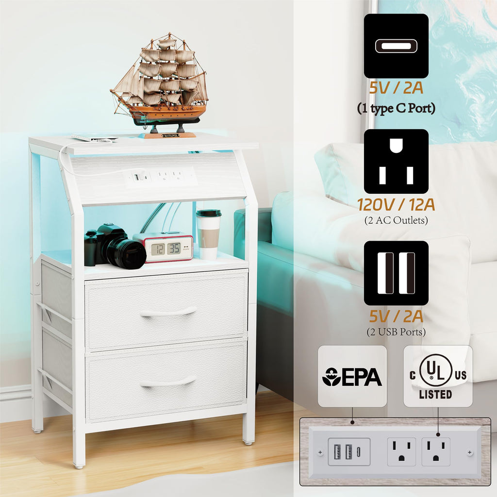 End Table with LED Lights, 2 Fabric Drawers and Charging Station B6208