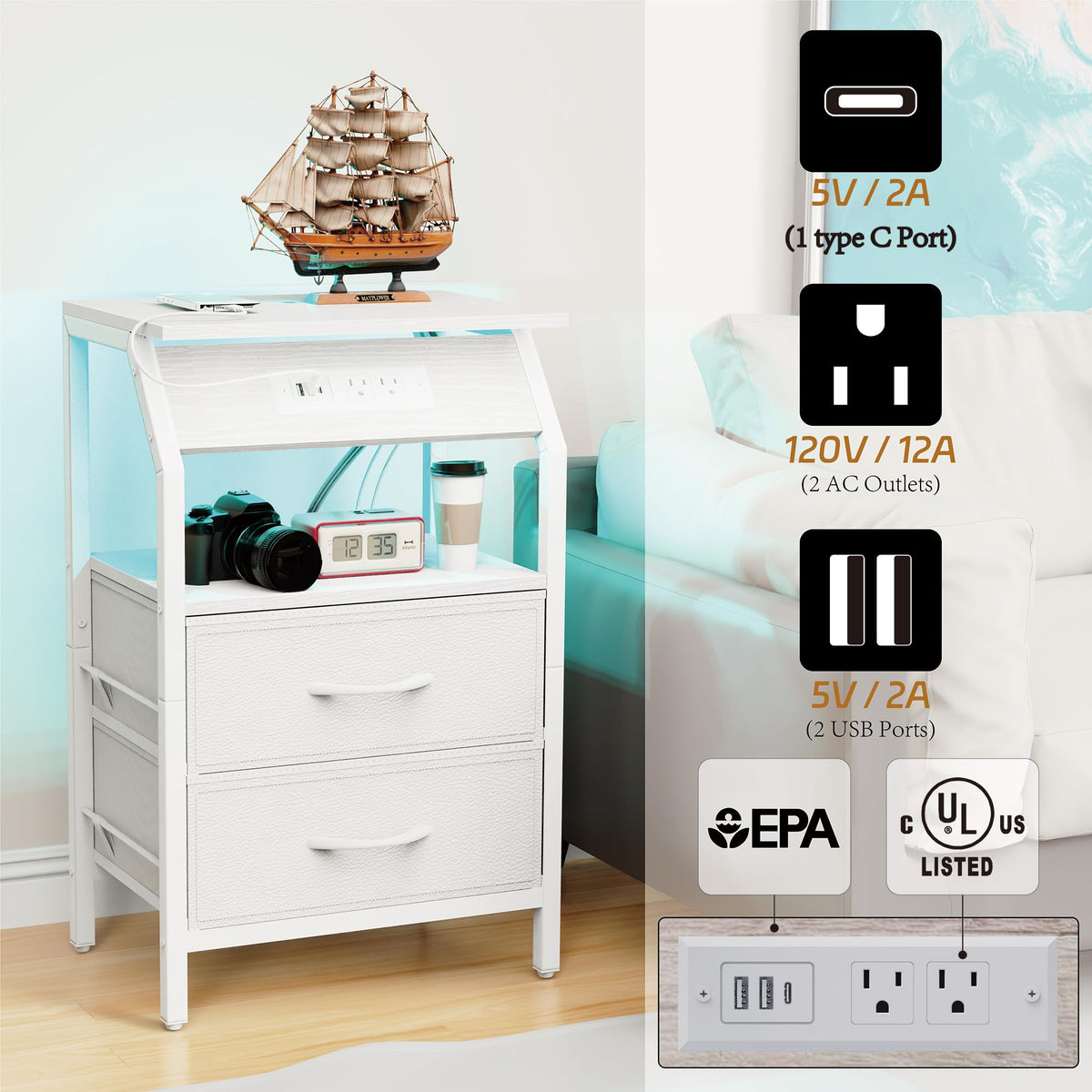 End Table with LED Lights, 2 Fabric Drawers and Charging Station B6208