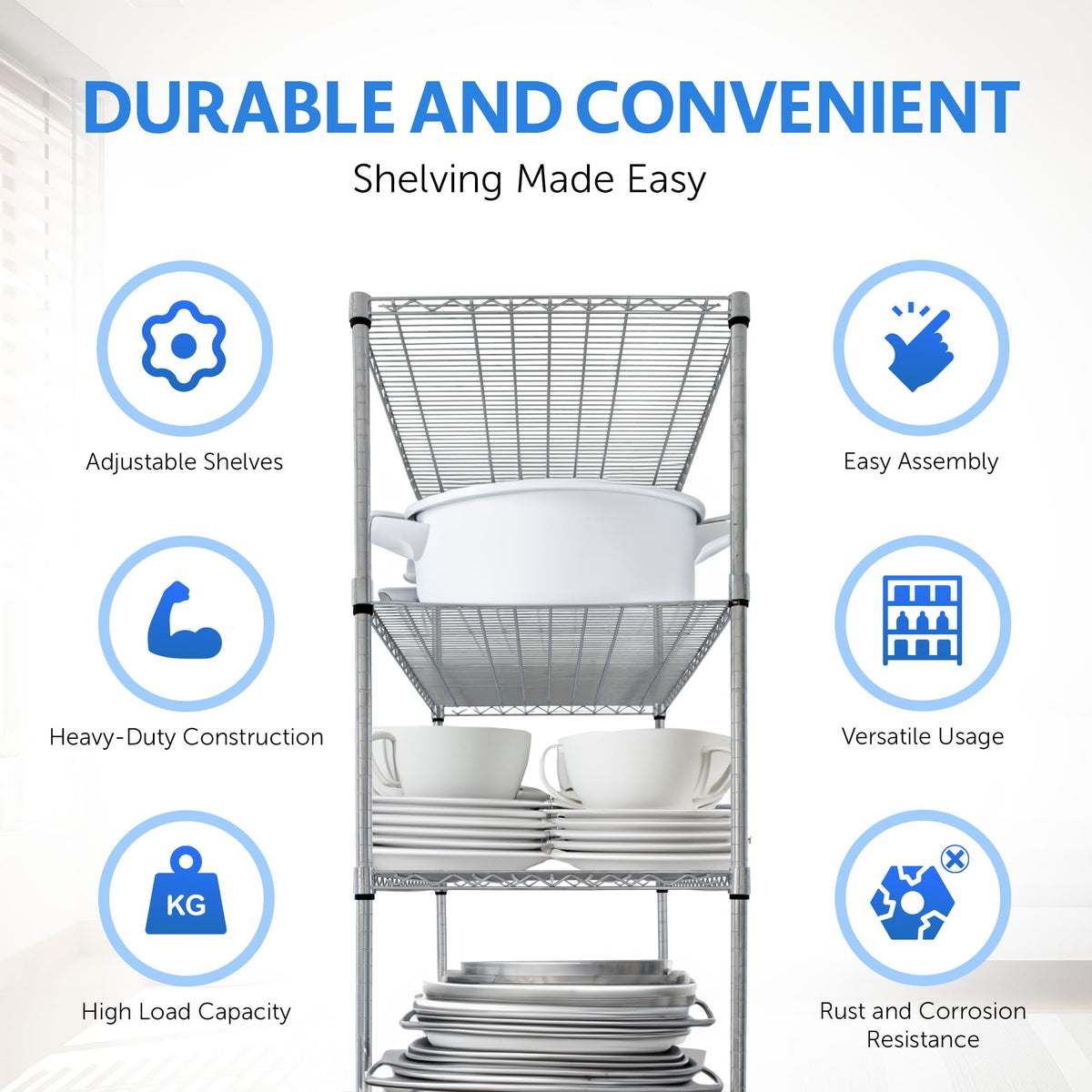 Heavy Duty 5-Tier Chrome Wire Shelving Rack with Casters K582663